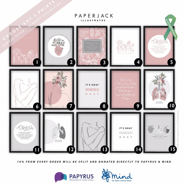 PaperJack Illustrates Mental health awareness wall art prints in pink, white and grey colours. 