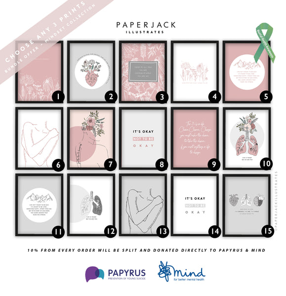 PaperJack Illustrates Mental health awareness wall art prints in pink, grey and white colours.