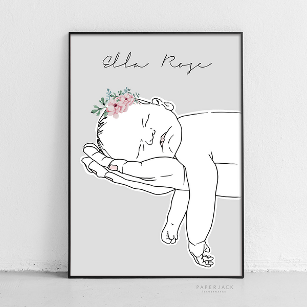 Paperjack Illustrates wall art illustration of a sleeping baby in a parents hands and their name above