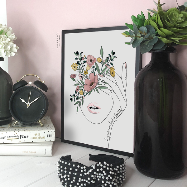 Grey print with line art illustration of lady and florals with quote - be your own kind of beautiful - designed by paperjack illustrates