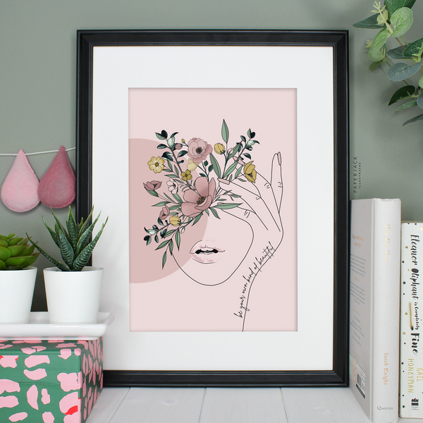 Pink print with line art illustration of lady and florals with quote - be your own kind of beautiful - designed by paperjack illustrates