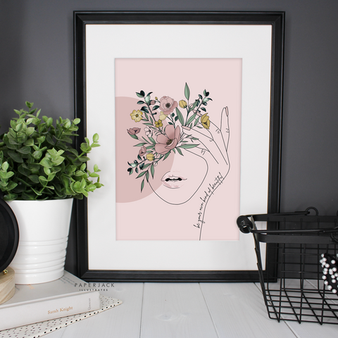 Pink print with line art illustration of lady and florals with quote - be your own kind of beautiful - designed by paperjack illustrates