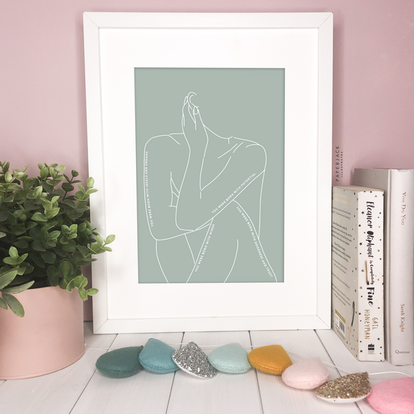green print with outline of female sitting down and positive quotes - designed by paperjack illustrates