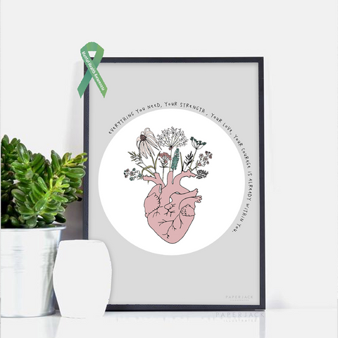 PaperJack Illustrates Wall art print with grey background and a illustration of a heart with flowers growing out of it and a positive quote written