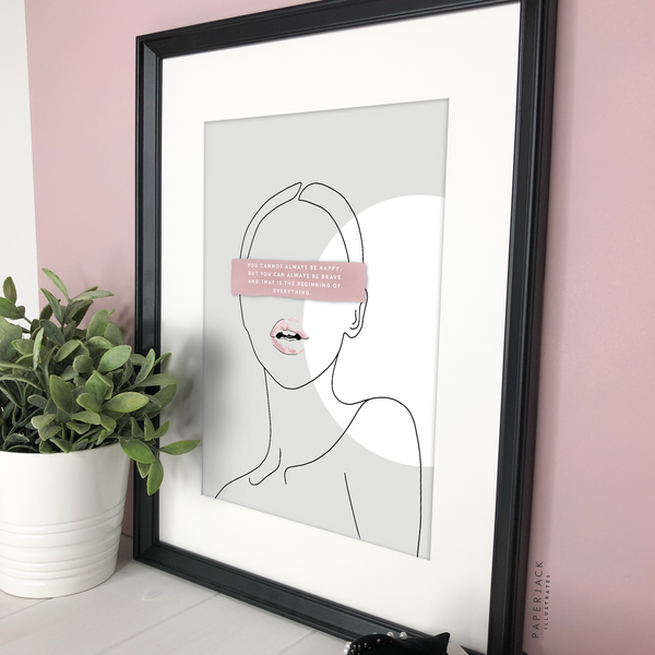 grey print with line art of woman and quote across eyes - designed by PaperJack Illustrates