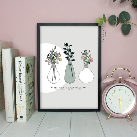 Grey print with lightbulb illustration and flowers growing out of them with positive quote underneath - designed by paperjack illustrates