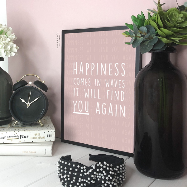 Pink print with quote happiness comes in waves typography - designed by PaperJack Illustrates