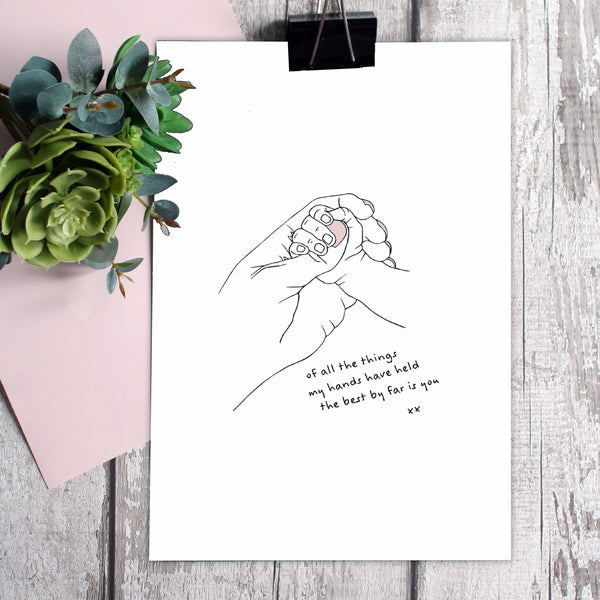 PaperJack Illustrates wall art print - illustration of parents hand holding babys hand in hers with a quote underneath 