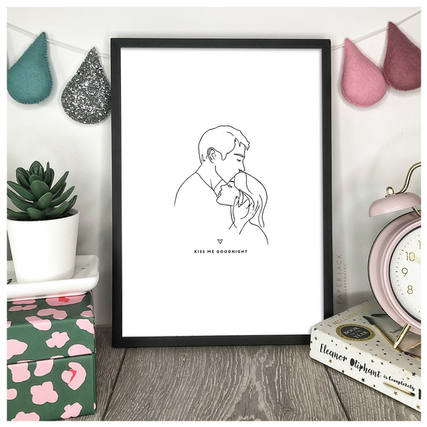 PaperJack Illustrates wall art - white background with line art illustration of man kissing girls forehead and quote underneath