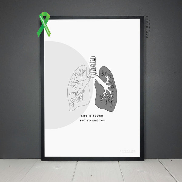 life is tough but so are you print. Lung outline drawing, lung illustration wall art print. mindset print. Wall art print in grey and white in a photo frame