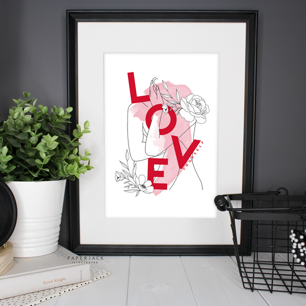 Love yourself print on white background with red lettering and little flowers - designed by paperjack illustrates 