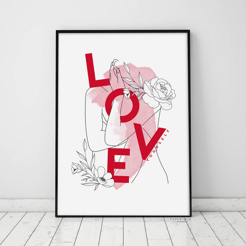 Love yourself print on white background with red lettering and little flowers - designed by paperjack illustrates 