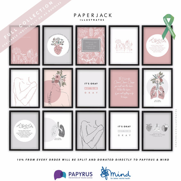 PaperJack Illustrates Mental health awareness collection - based on positive quotes and floral illustrations in pink, grey and white.