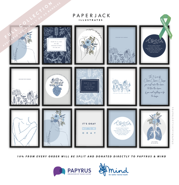PaperJack Illustrates Mental health awareness wall art prints in blue, navy, grey and white colours.