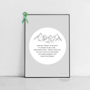 grey wall art print with positive affirmation words with a mountain line art illustration
