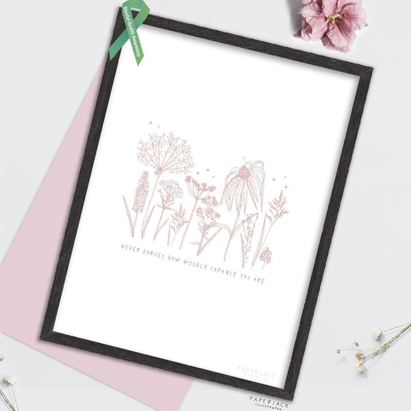 White wall art print with pink flowers and the quote never forget how wildly capable you are 