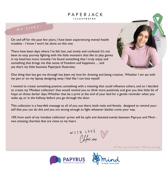 text explaining paperjack illustrates mental health story including a personal photograph of her