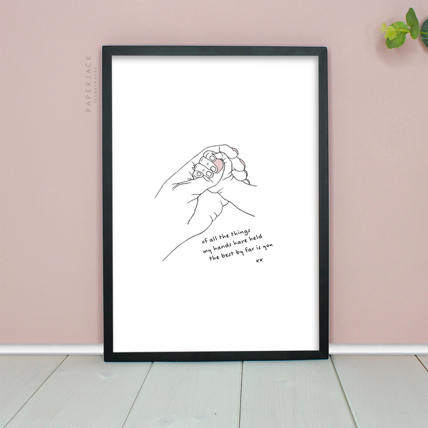 PaperJack Illustrates wall art print - illustration of parents hand holding babys hand in hers with a quote underneath 