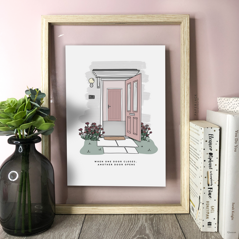 illustration of pink door and quote - when one door closes another door opens - designed by PaperJack Illustrates