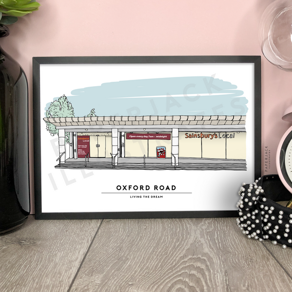 handdrawn custom illustration of sainsbury's for a retirement gift - by PaperJack Illustrates