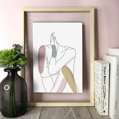 White print with outline of female sitting down and block colours of pink, grey and ochre with positive words - designed by paperjack illustrates