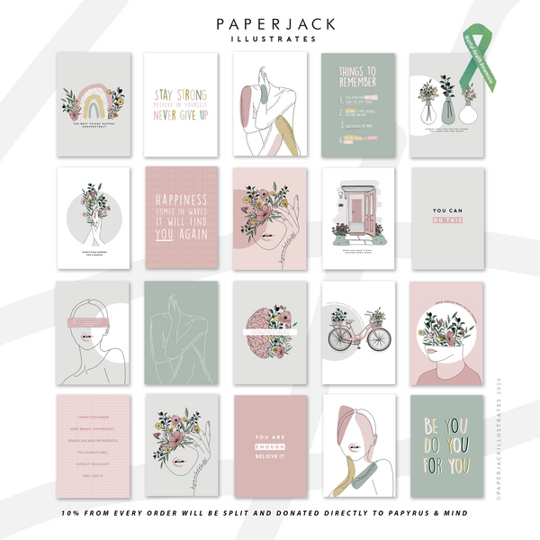 Pink, green, grey and white illustration prints about mental health awareness and donating 10% towards Papyrus and Mind charities by PaperJack Illustrates