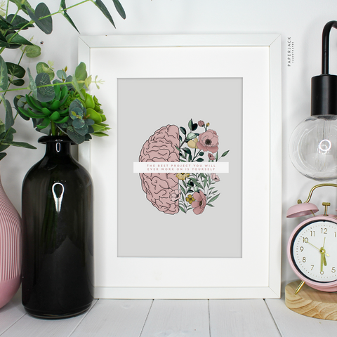 illustration of brain with flowers growing out of it - designed by paperjack illustrates
