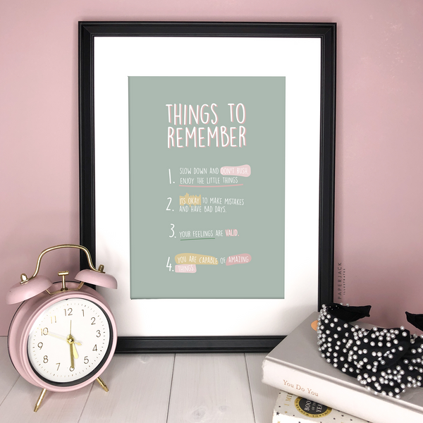 Green print with quotes in white pink and ochre - a list of 4 things to remember - mind & papyrus prints - designed by paperjack illustrates