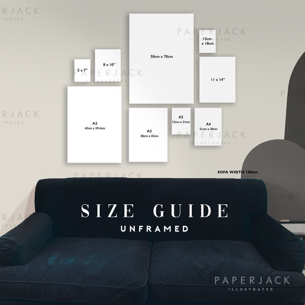 wall art size guide showing the different sized prints against a sofa to compare sizes