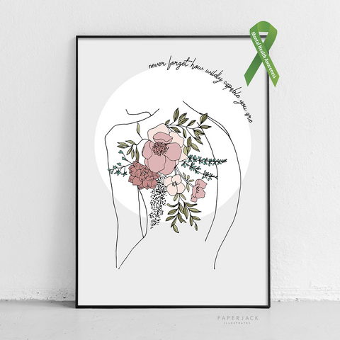 PaperJack Illustrates Wall art print with grey background, outline of females back and a large pink floral tattoo design and a positive quote written