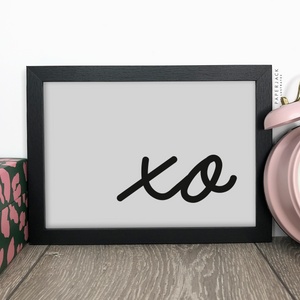 PaperJack Illustrates wall art print - grey background with quote 'xo' in black frame 